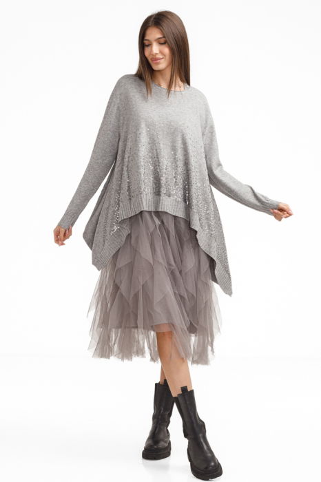 Rochie suprapusa din tulle, cu pulover in colturi oversize cu ploaie de paiete, gri
