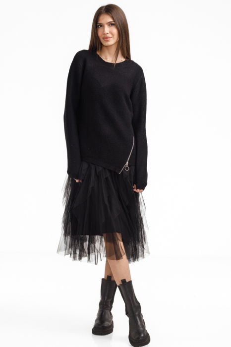 Rochie suprapusa din tulle cu volane cu pulover asimetric cu fermoar, neagra