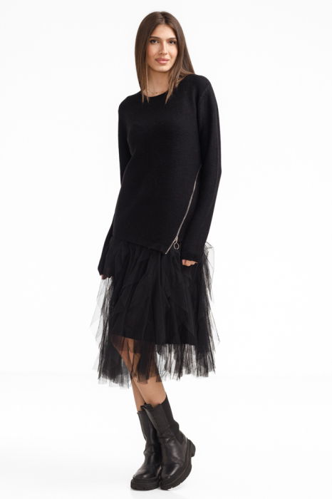 Rochie suprapusa din tulle cu volane cu pulover asimetric cu fermoar, neagra [2]