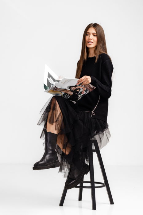 Rochie suprapusa din tulle cu volane cu pulover asimetric cu fermoar, neagra [5]