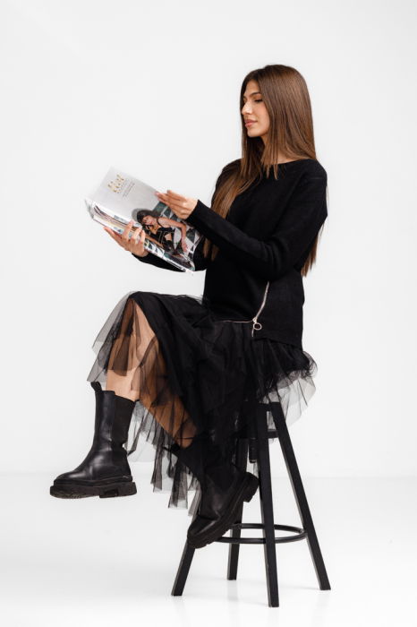 Rochie suprapusa din tulle cu volane cu pulover asimetric cu fermoar, neagra [6]