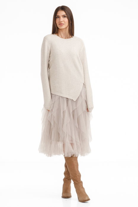 Rochie suprapusa din tulle cu volane cu pulover asimetric cu fermoar, bej ivoire
