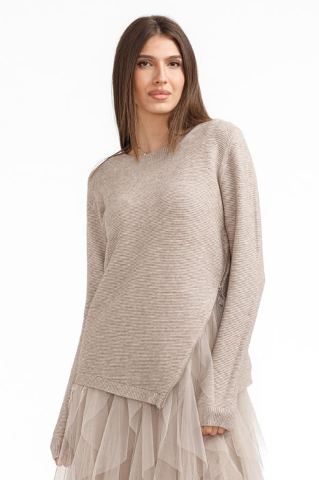 Rochie suprapusa din tulle cu volane cu pulover asimetric cu fermoar, bej [2]