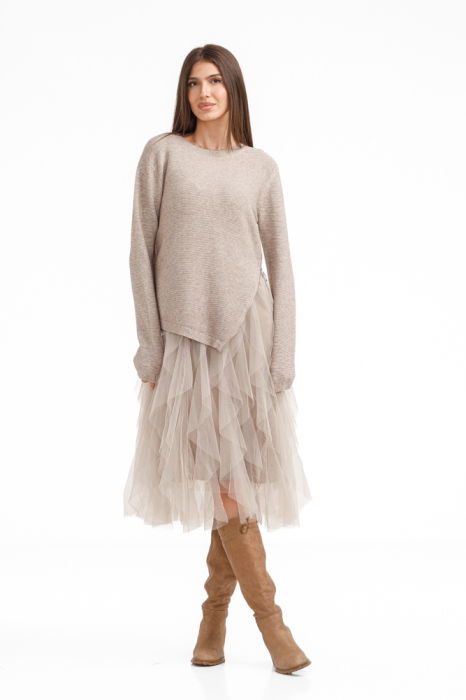 Rochie suprapusa din tulle cu volane cu pulover asimetric cu fermoar, bej
