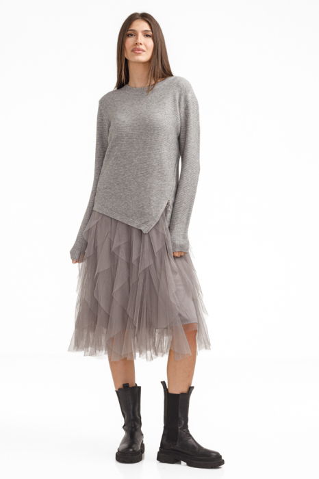 Rochie suprapusa din tulle cu volane cu pulover asimetric cu fermoar, gri