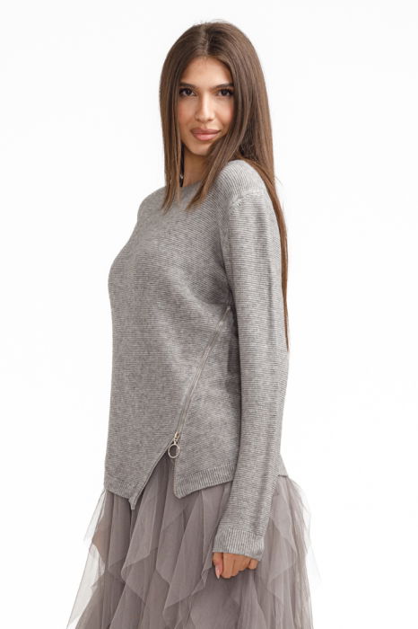 Rochie suprapusa din tulle cu volane cu pulover asimetric cu fermoar, gri [3]