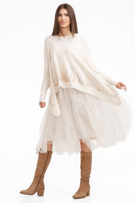 Rochie suprapusa din tulle, cu pulover in colturi oversize cu ploaie de paiete, bej
