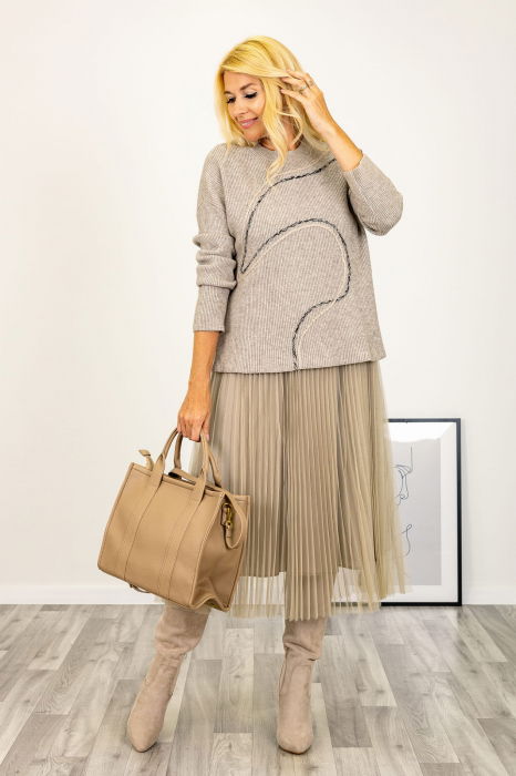 Rochie suprapusa din tulle plisat, cu puloveras, bej [3]
