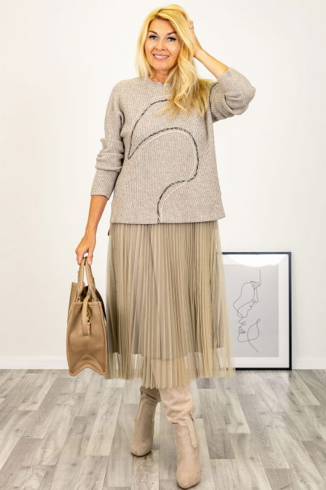 Rochie suprapusa din tulle plisat, cu puloveras, bej [2]