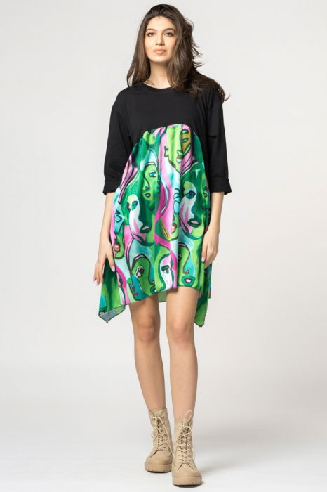Rochie trendy cu imprimeu chipuri predominant verde, din bumbac