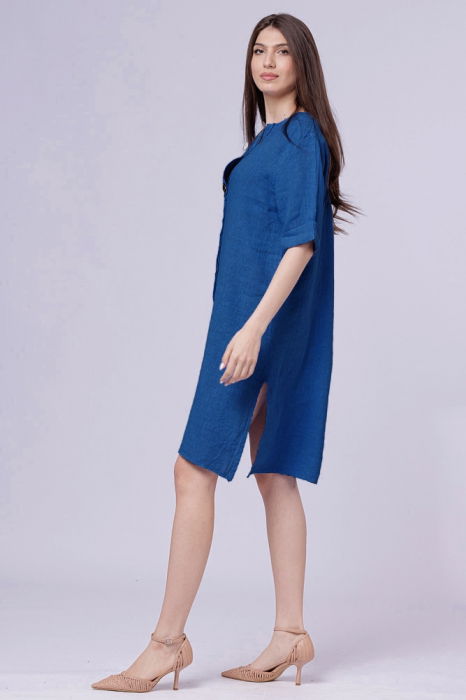 Rochie tunica din in albastru electric, cu nasture metalic decorativ [2]