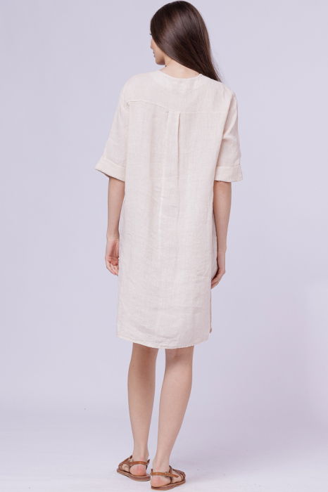 Rochie tunica din in bej, cu nasture metalic decorativ [3]