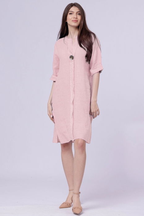 Rochie tunica din in roz prafuit, cu nasture metalic decorativ