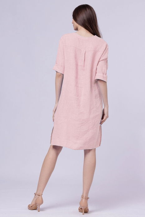Rochie tunica din in roz prafuit, cu nasture metalic decorativ [3]