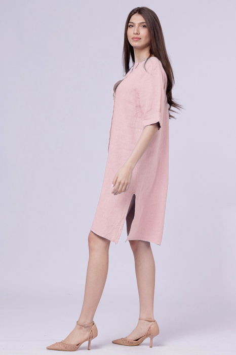 Rochie tunica din in roz prafuit, cu nasture metalic decorativ [2]