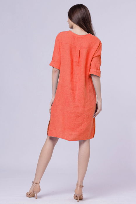Rochie tunica din in corai, cu nasture metalic decorativ [3]