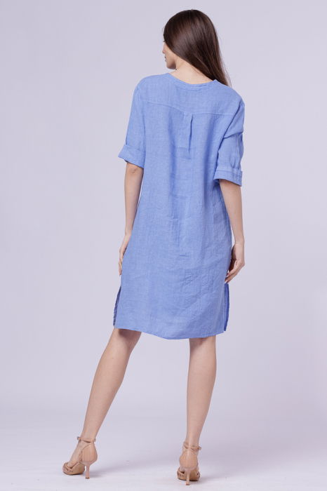 Rochie tunica din in bleu, cu nasture metalic decorativ [3]