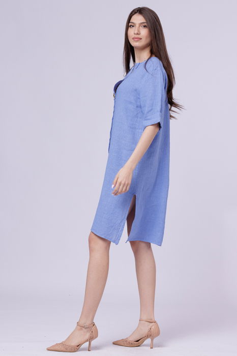 Rochie tunica din in bleu, cu nasture metalic decorativ [2]
