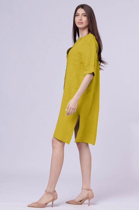 Rochie tunica din in galbena, cu nasture metalic decorativ [2]