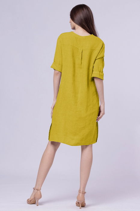 Rochie tunica din in galbena, cu nasture metalic decorativ [3]