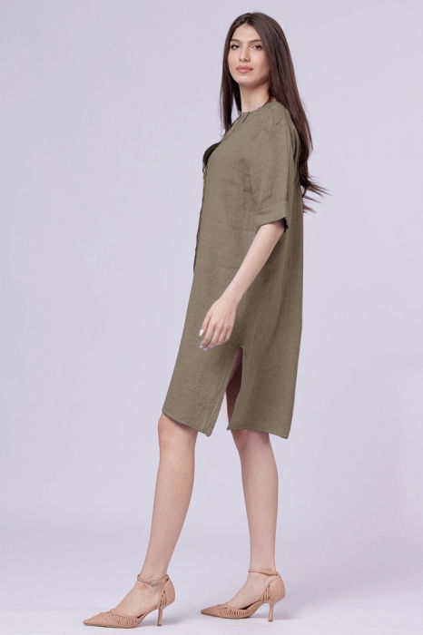 Rochie tunica din in bej inchis, cu nasture metalic decorativ [2]