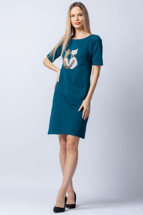 Rochie din tricot de bumbac turcoaz cu doua pisici aplicate pe piept [1]
