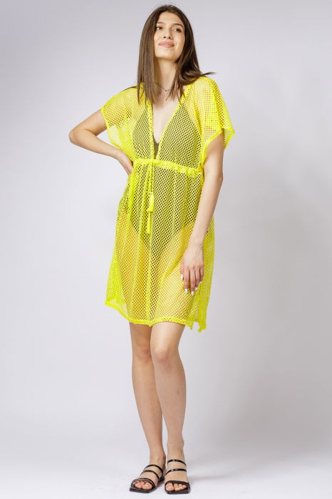 Rochie galben neon de plaja din plasa, cu snur si despicaturi laterale [2]