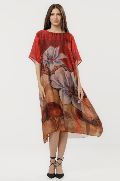 Rochie bordo eleganta satinata A-line cu croiala lejera si imprimeu floral [3]