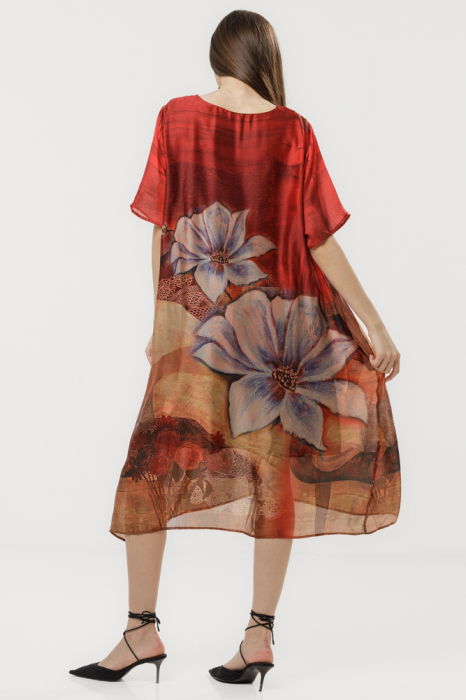 Rochie bordo eleganta satinata A-line cu croiala lejera si imprimeu floral [4]