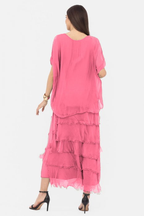 Rochie roz din matase si vascoza cu  volane franjurate suprapuse [3]