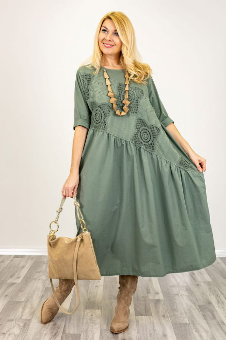 Rochie kaki oversize,  cu taietura oblica si broderie, din poplin si jerseu [2]