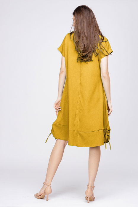 Rochie uni `A line` din in mercerizat mustar, cu sireturi laterale [3]