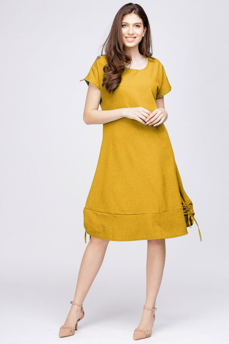 Rochie uni `A line` din in mercerizat mustar, cu sireturi laterale [1]