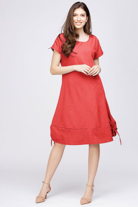 Rochie uni `A line` din in mercerizat corai, cu sireturi laterale [1]