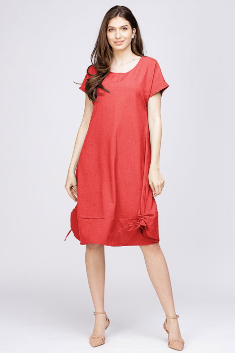 Rochie uni `A line` din in mercerizat corai, cu sireturi laterale [2]