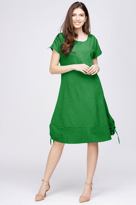 Rochie uni `A line` din in mercerizat cu sireturi laterale, verde deschis [1]