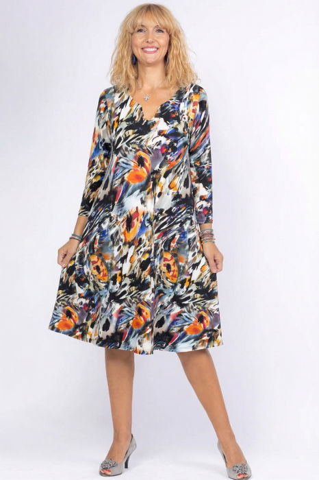 Rochie `A line` midi, cu decolteu traditional si imprimeu pictural [1]