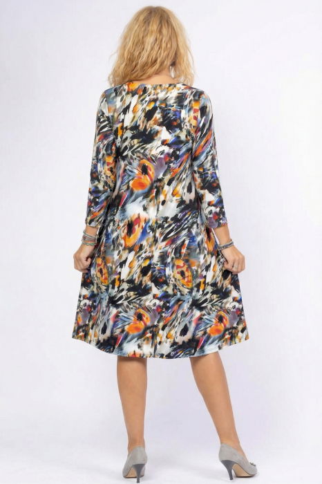 Rochie `A line` midi, cu decolteu traditional si imprimeu pictural [3]