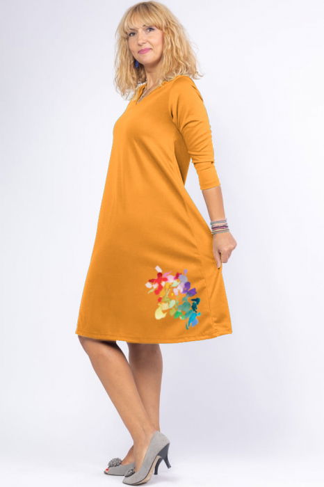 Rochie mustar `A line` midi, cu decolteu traditional si floare laterala [2]