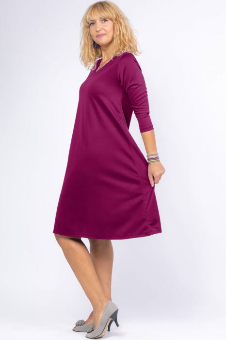 Rochie uni magenta `A line` midi, cu decolteu traditional [2]