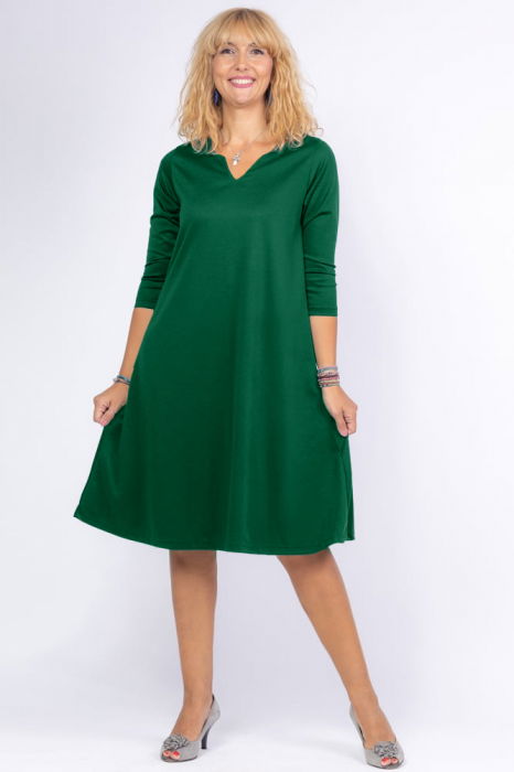 Rochie uni verde inchis `A line` midi, cu decolteu traditional [1]