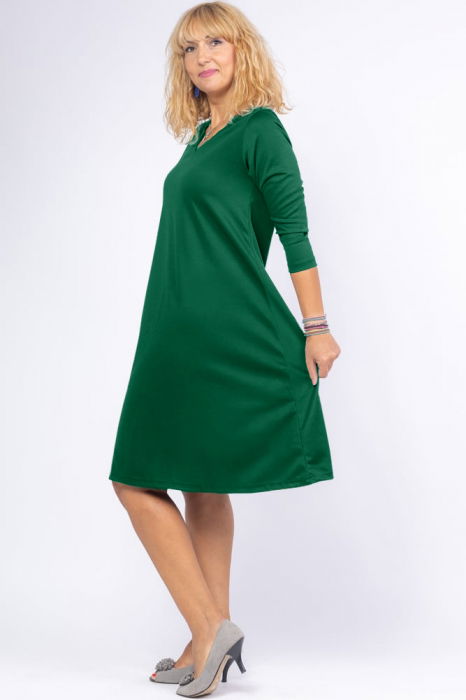 Rochie uni verde inchis `A line` midi, cu decolteu traditional [2]