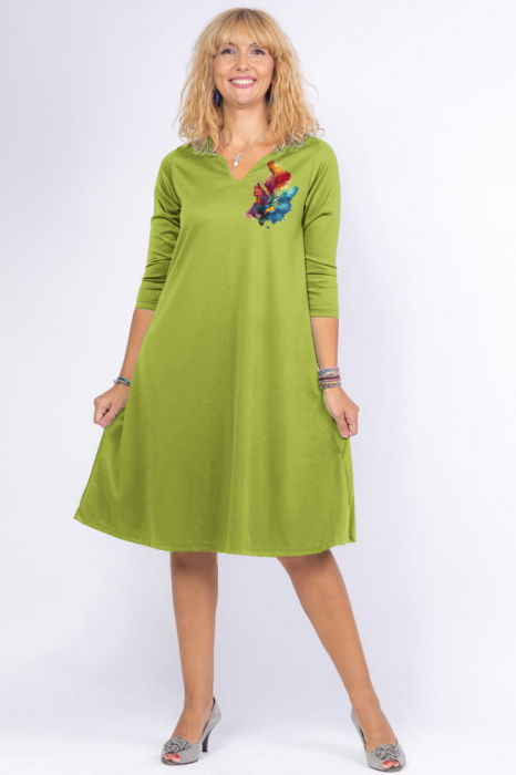Rochie verde oliv `A line` midi, cu decolteu traditional si imprimeu floare picturala [1]
