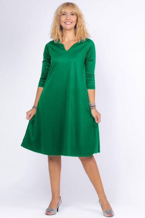 Rochie uni verde intens `A line` midi, cu decolteu traditional [1]