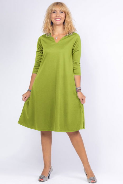 Rochie uni verde deschis `A line` midi, cu decolteu traditional [1]