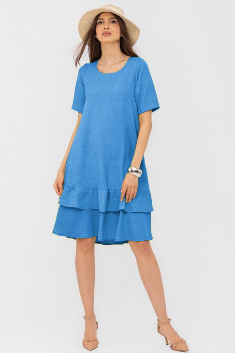 Rochie albastra `A line` midi, cu doua volane poale, din in mercerizat [1]