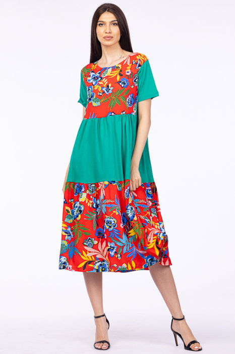 Rochie verde cu platca si doua volane, imprimeu flori tropicale, din bumbac [1]
