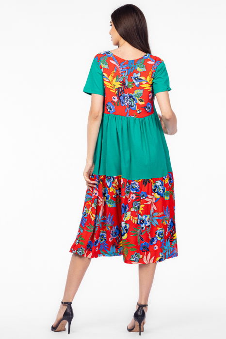 Rochie verde cu platca si doua volane, imprimeu flori tropicale, din bumbac [3]