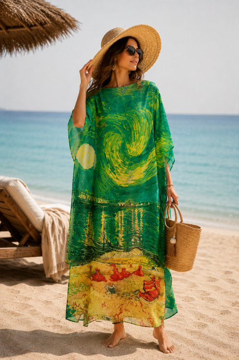Rochie verde de plaja lunga tip poncho din matase cu reproducere dupa    Noapte Instelata deasupra Rhonului   de Claude Monet