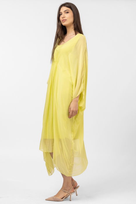 Rochie galbena, lunga, ampla, din matase si vascoza, cu detaliu sub bust, in colturi [3]